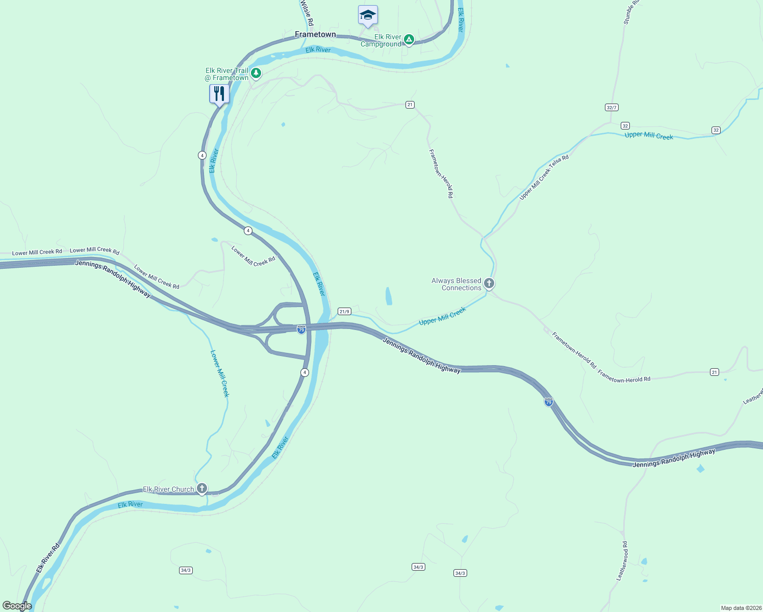 map of restaurants, bars, coffee shops, grocery stores, and more near 1286 Spruce Grove Road in Frametown