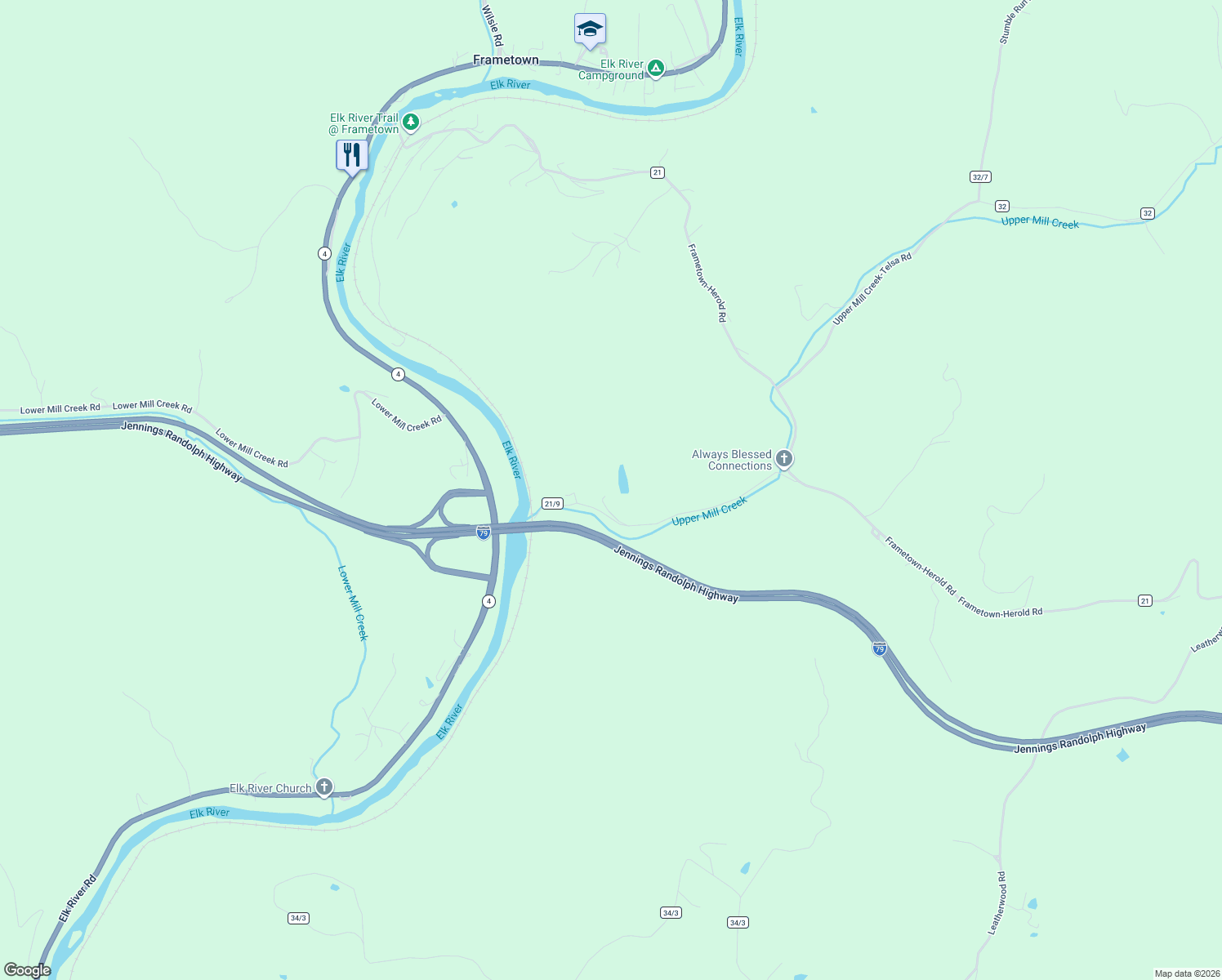 map of restaurants, bars, coffee shops, grocery stores, and more near 1286 Spruce Grove Road in Frametown