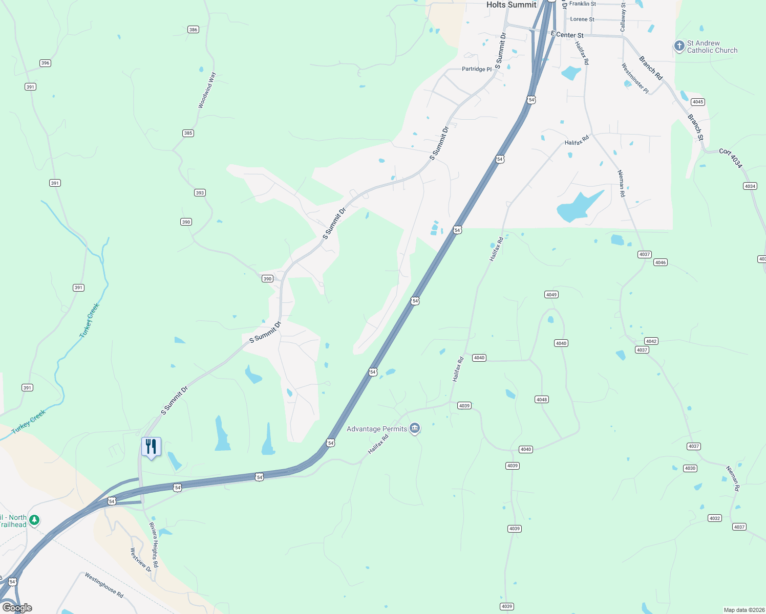 map of restaurants, bars, coffee shops, grocery stores, and more near Choctaw Ridge in Holts Summit