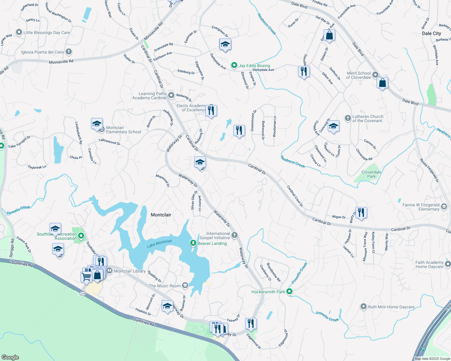 map of restaurants, bars, coffee shops, grocery stores, and more near 4279 Pemberley Court in Woodbridge