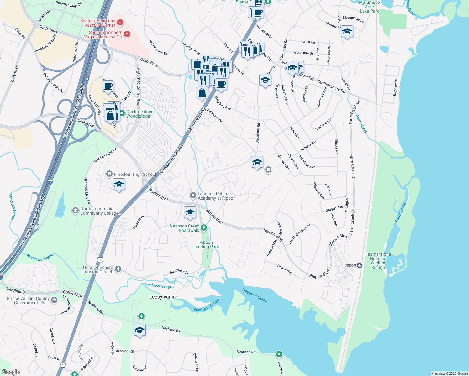 map of restaurants, bars, coffee shops, grocery stores, and more near 1787 Powder Horn Terrace in Woodbridge