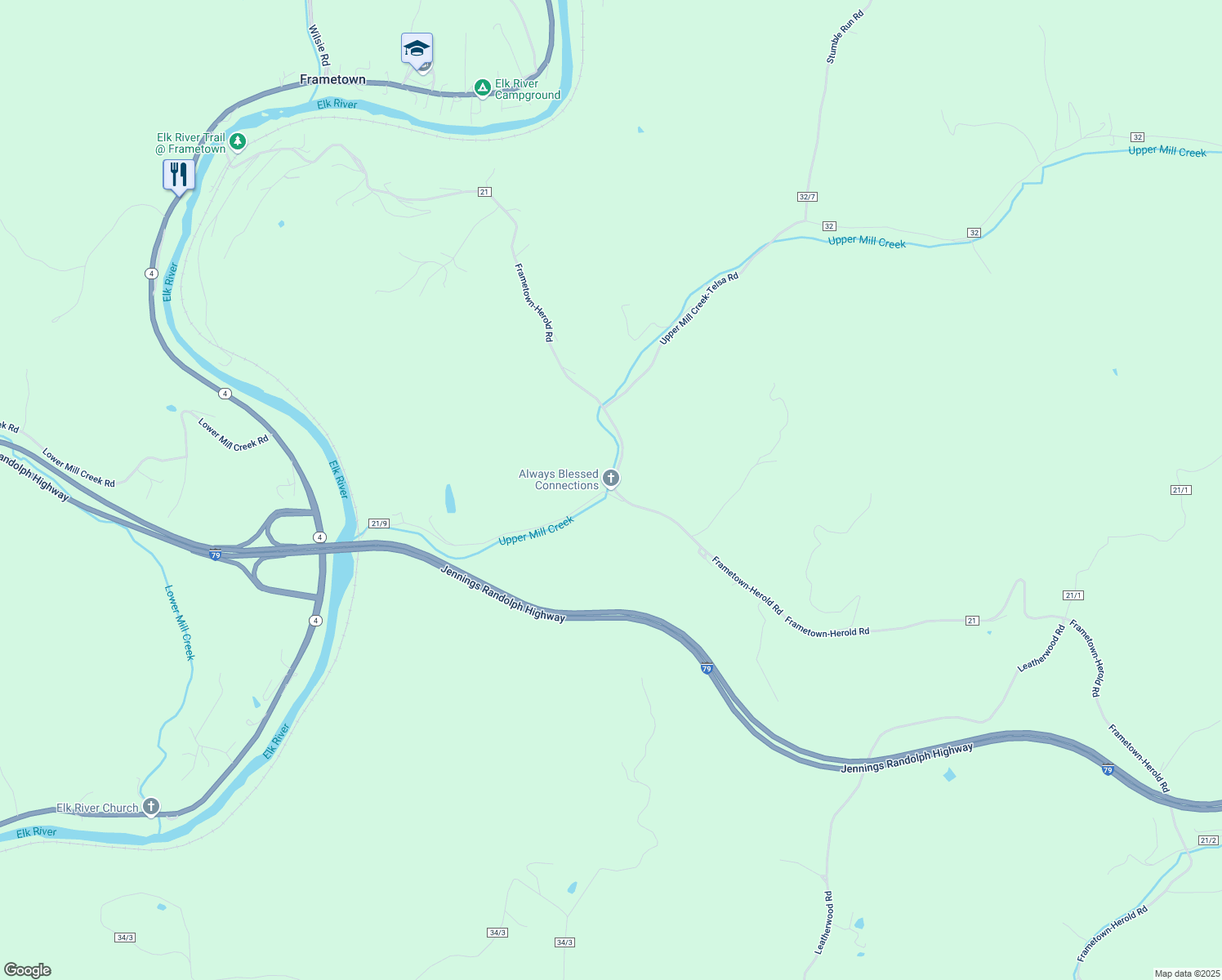map of restaurants, bars, coffee shops, grocery stores, and more near 804 Spruce Grove Road in Frametown