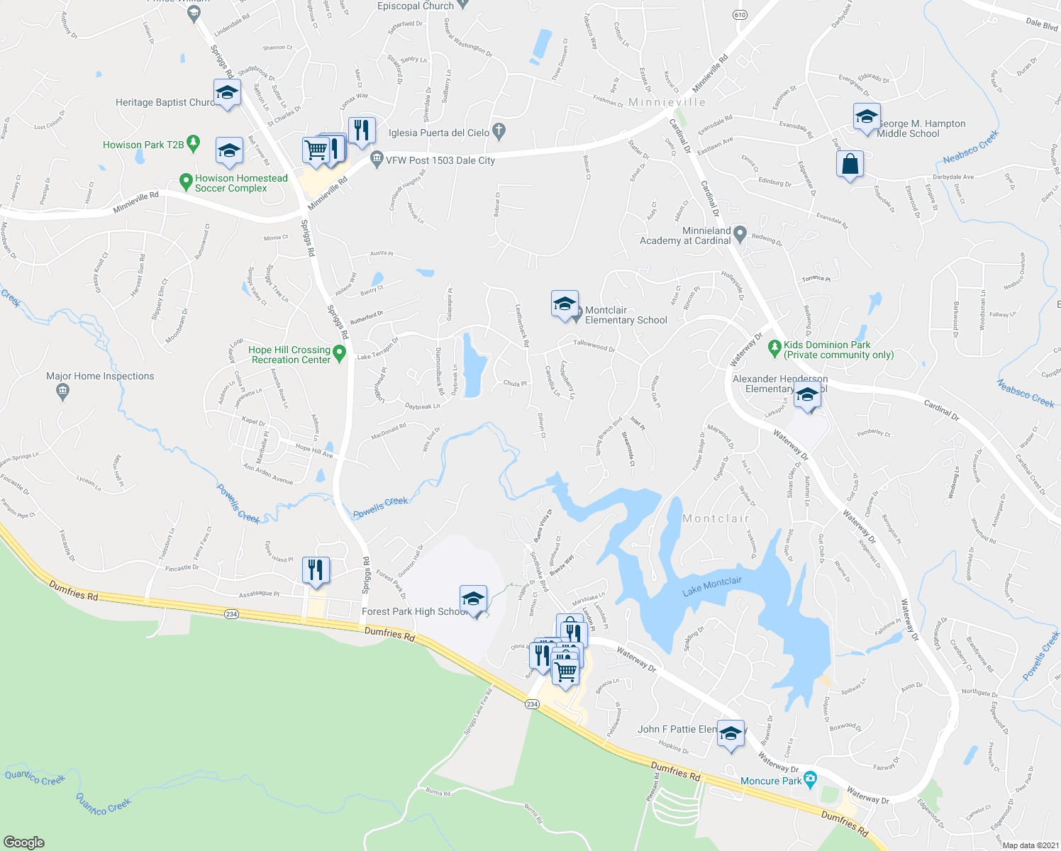 map of restaurants, bars, coffee shops, grocery stores, and more near 4053 Raft Cove Court in Woodbridge