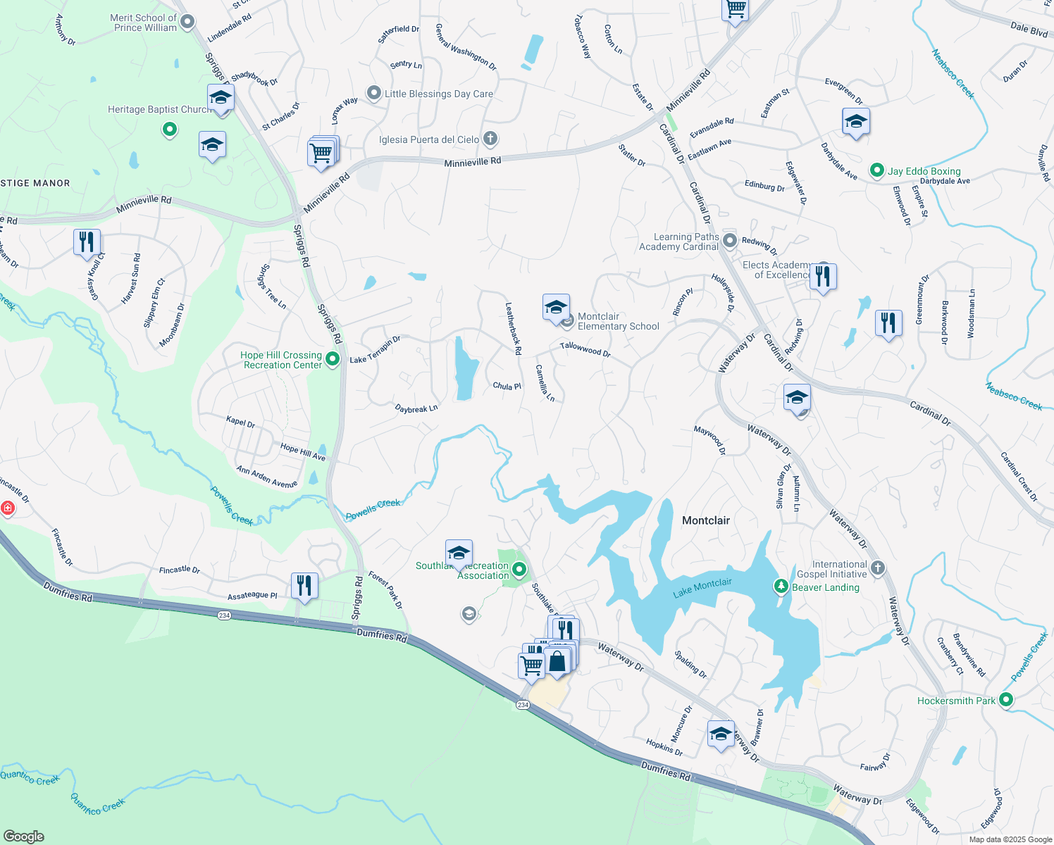 map of restaurants, bars, coffee shops, grocery stores, and more near 15312 Dillwyn Court in Woodbridge