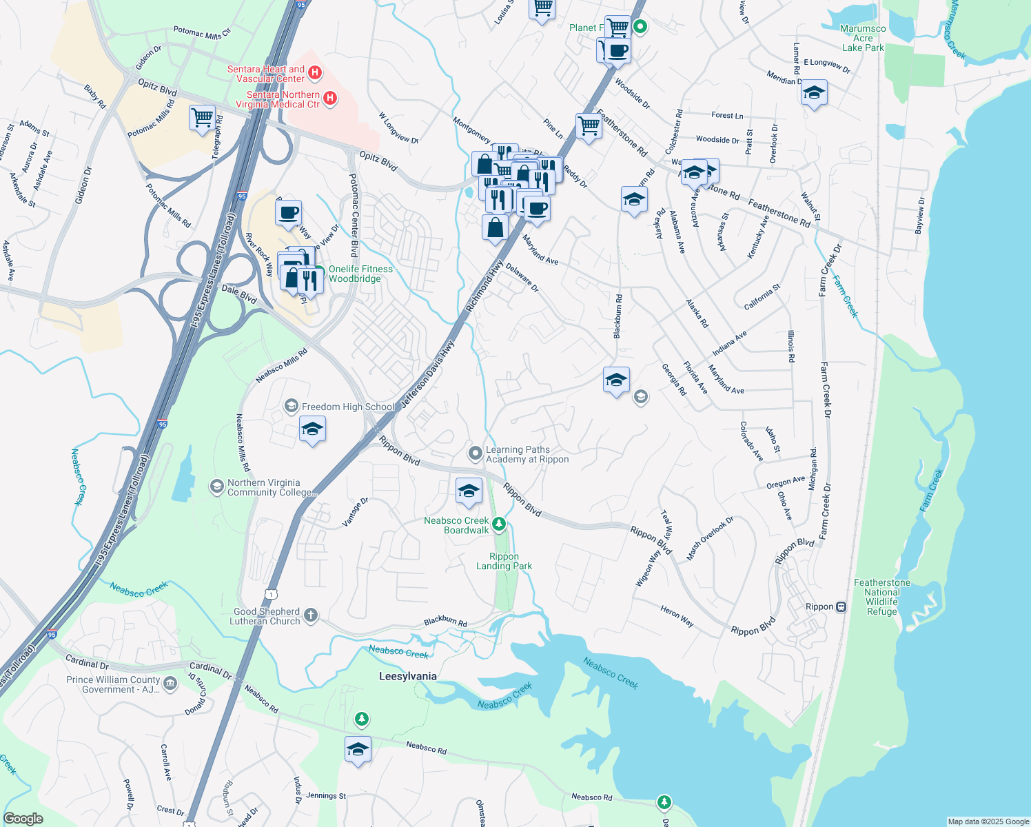 map of restaurants, bars, coffee shops, grocery stores, and more near 1926 Old Post Terrace in Woodbridge