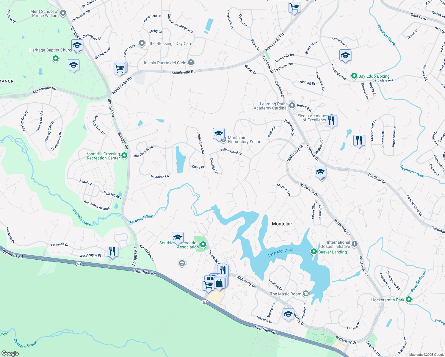 map of restaurants, bars, coffee shops, grocery stores, and more near 15084 Lindenberry Lane in Dumfries
