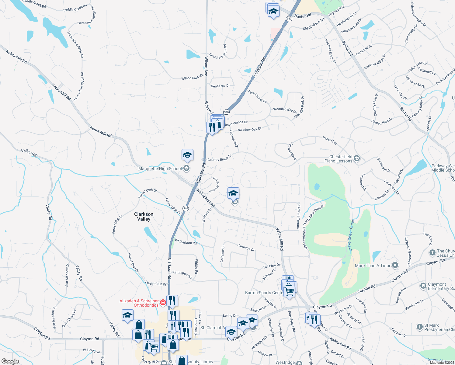 map of restaurants, bars, coffee shops, grocery stores, and more near 5 Rimbey Court in Chesterfield