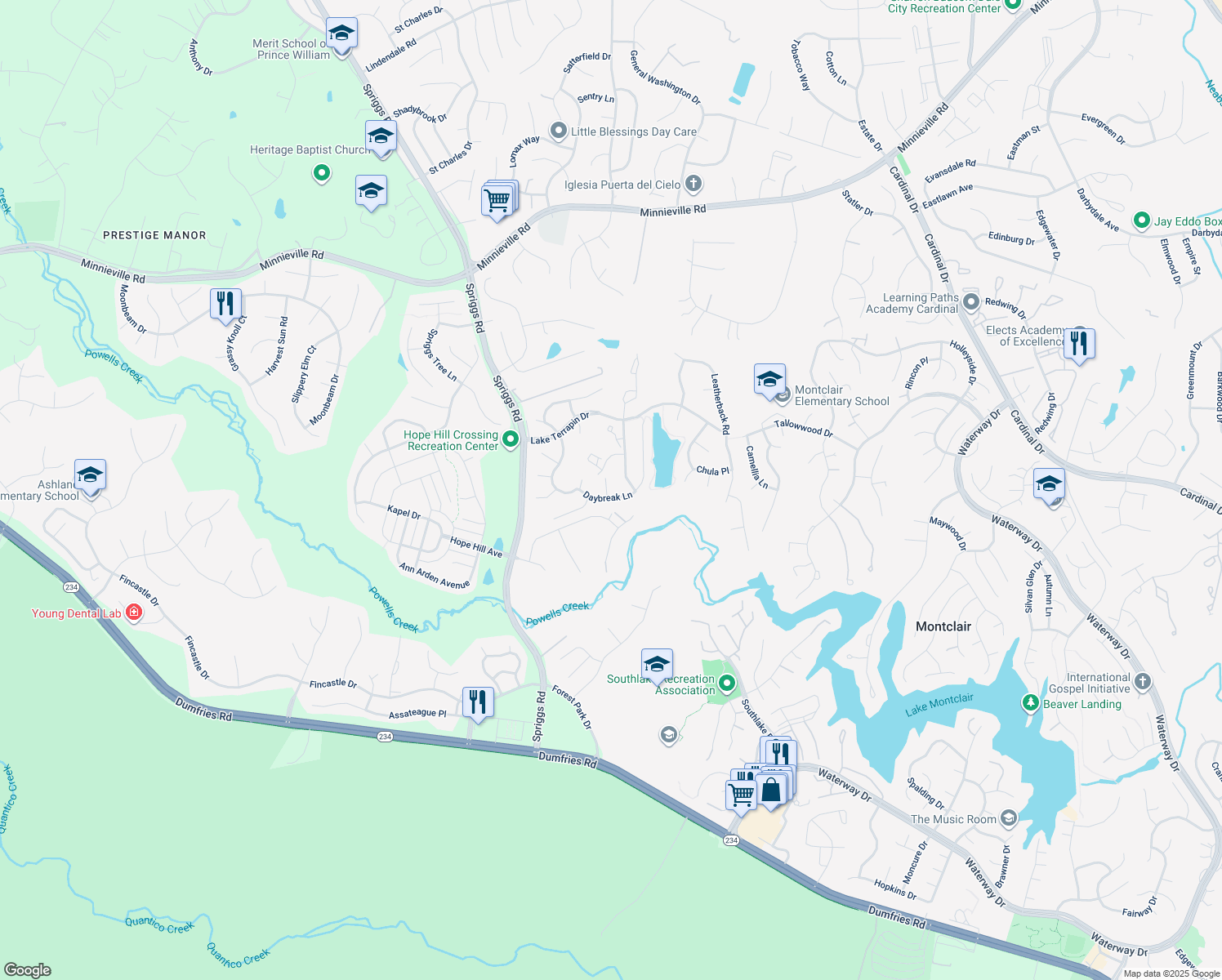 map of restaurants, bars, coffee shops, grocery stores, and more near 15221 Muddy Creek Court in Woodbridge