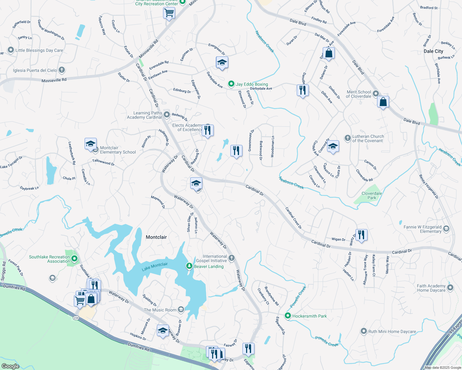 map of restaurants, bars, coffee shops, grocery stores, and more near 4304 Walsh Way in Woodbridge