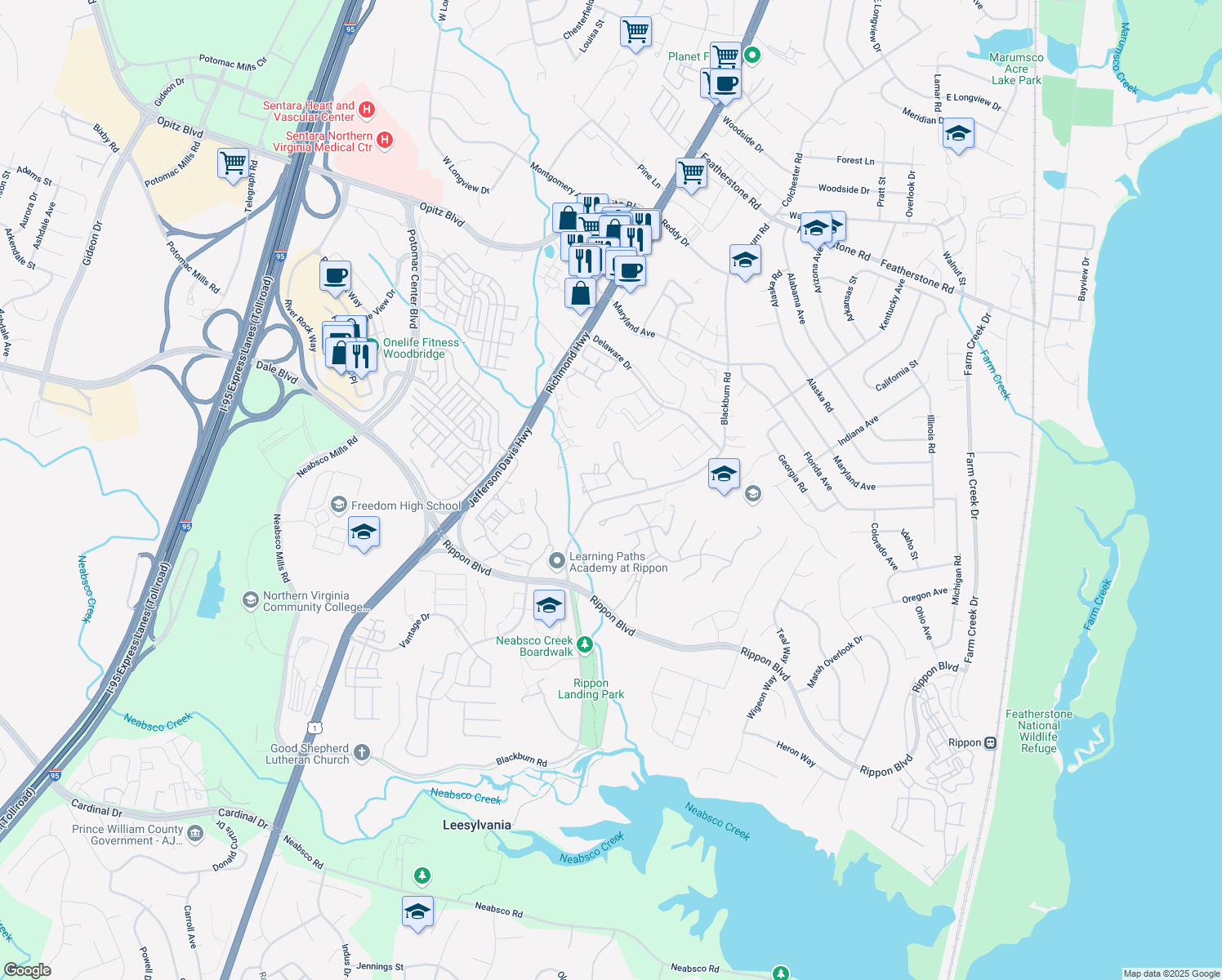 map of restaurants, bars, coffee shops, grocery stores, and more near 1997 Darlington Loop in Woodbridge