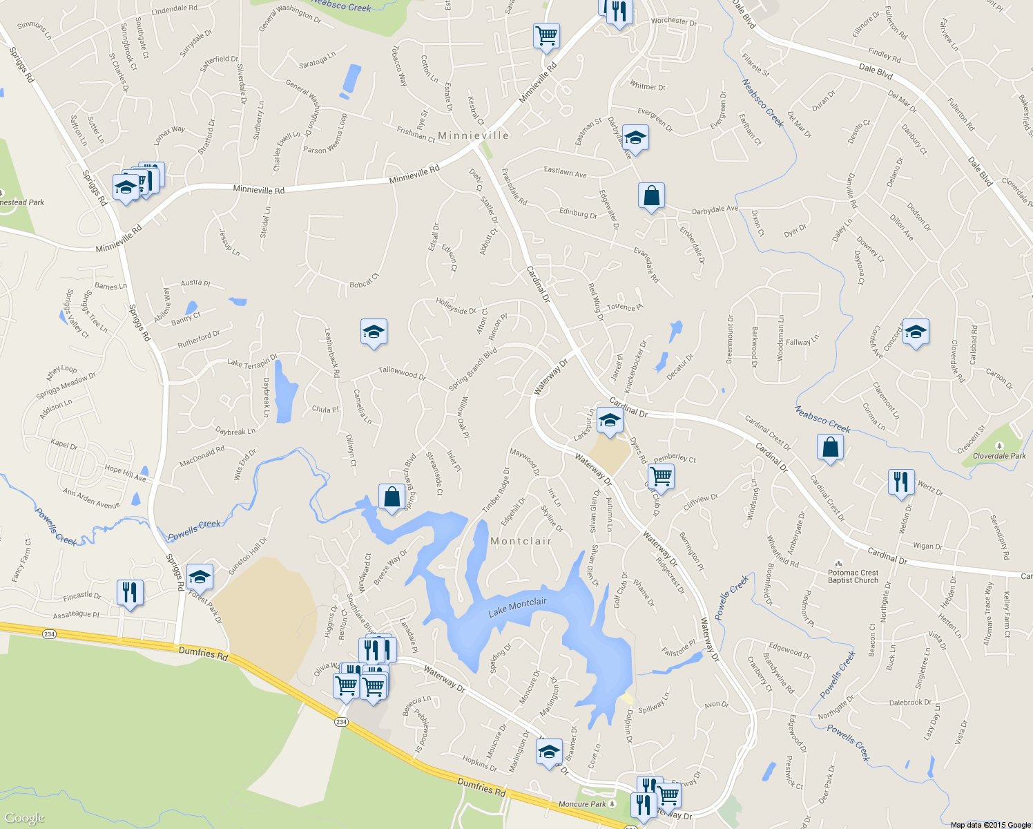 map of restaurants, bars, coffee shops, grocery stores, and more near 15245 Cedar Knoll Court in Dumfries