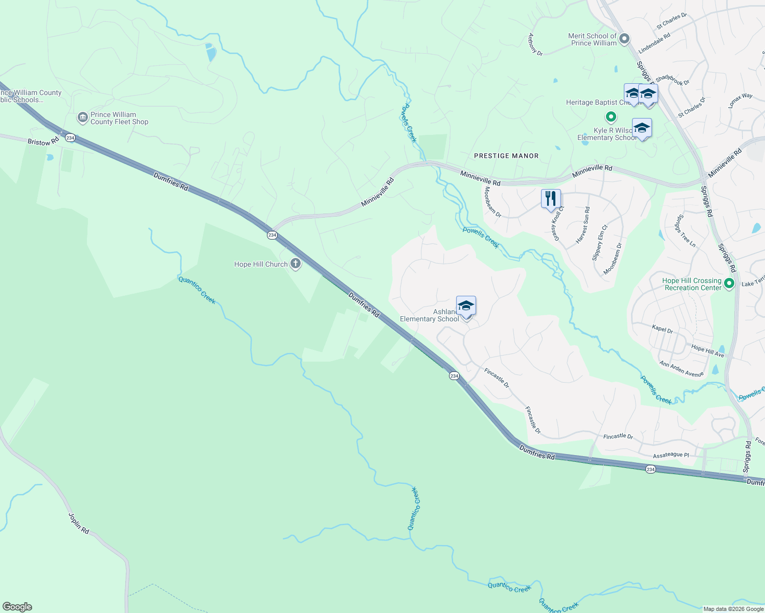 map of restaurants, bars, coffee shops, grocery stores, and more near 15255 Dumfries Road in Manassas