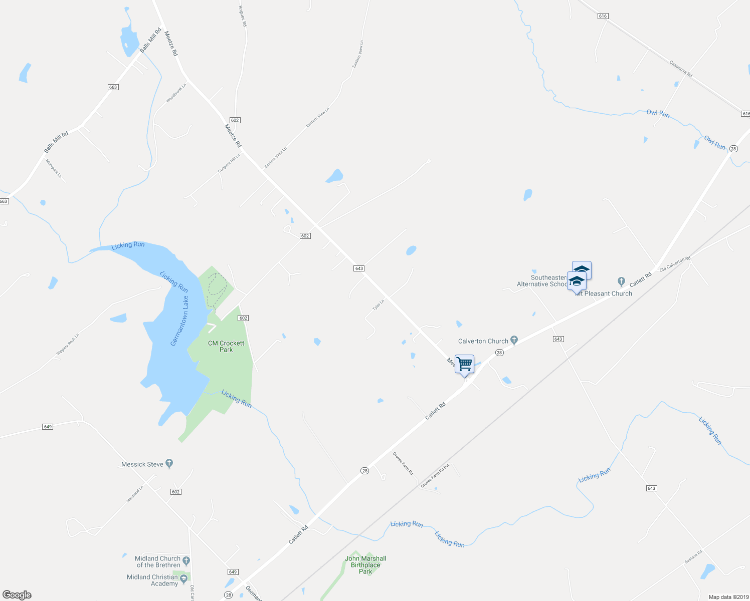 map of restaurants, bars, coffee shops, grocery stores, and more near 9976 Meetze Road in Midland