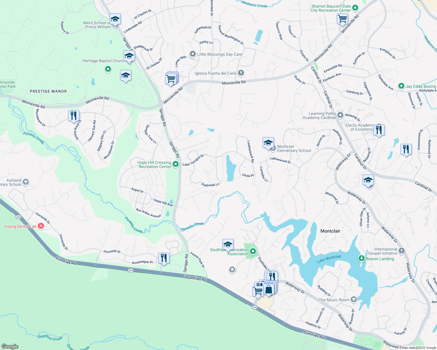 map of restaurants, bars, coffee shops, grocery stores, and more near 15123 Diamondback Road in Woodbridge