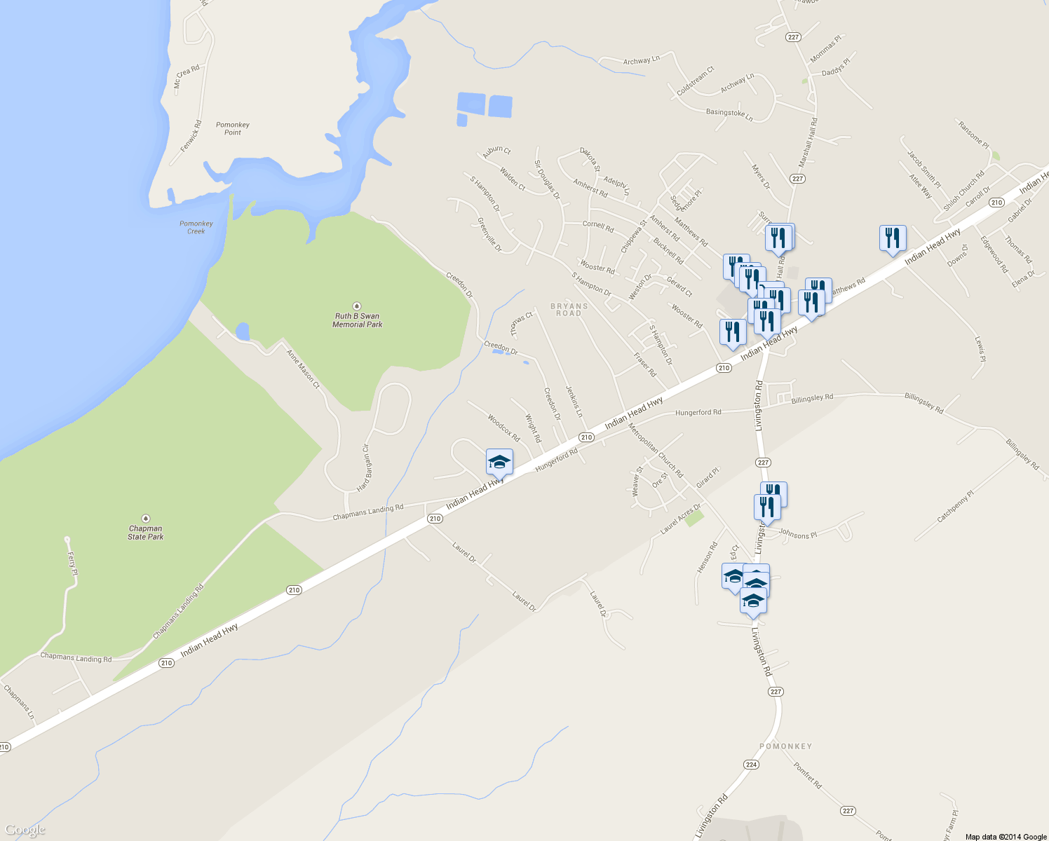map of restaurants, bars, coffee shops, grocery stores, and more near 3245 Wright Rd in Indian Head