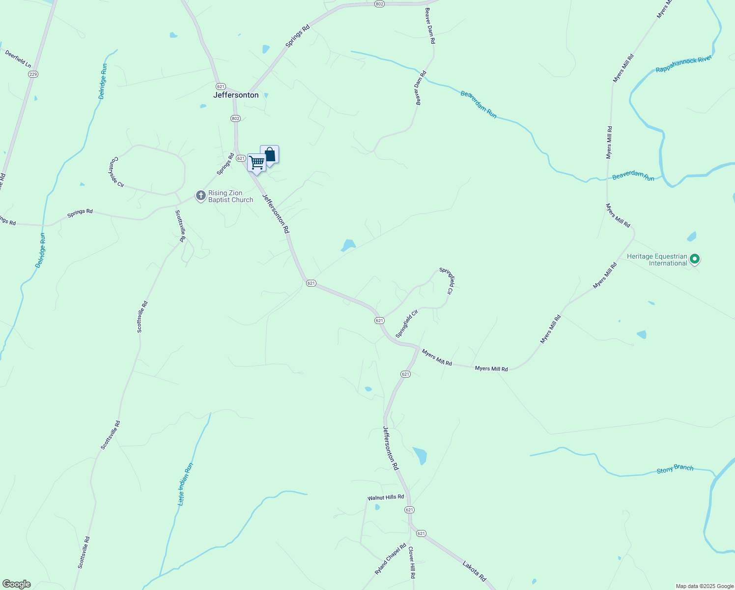 map of restaurants, bars, coffee shops, grocery stores, and more near 5601 Jeffersonton Road in Jeffersonton
