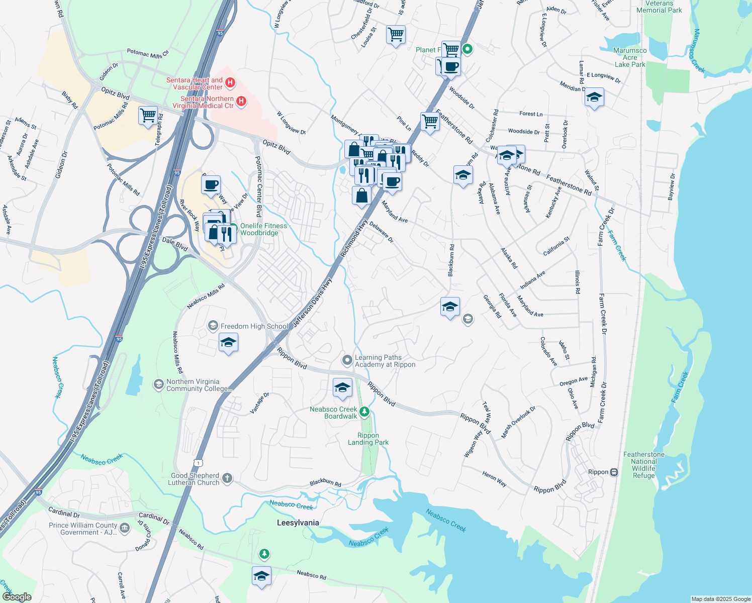 map of restaurants, bars, coffee shops, grocery stores, and more near 15156 Wentwood Ln in Woodbridge
