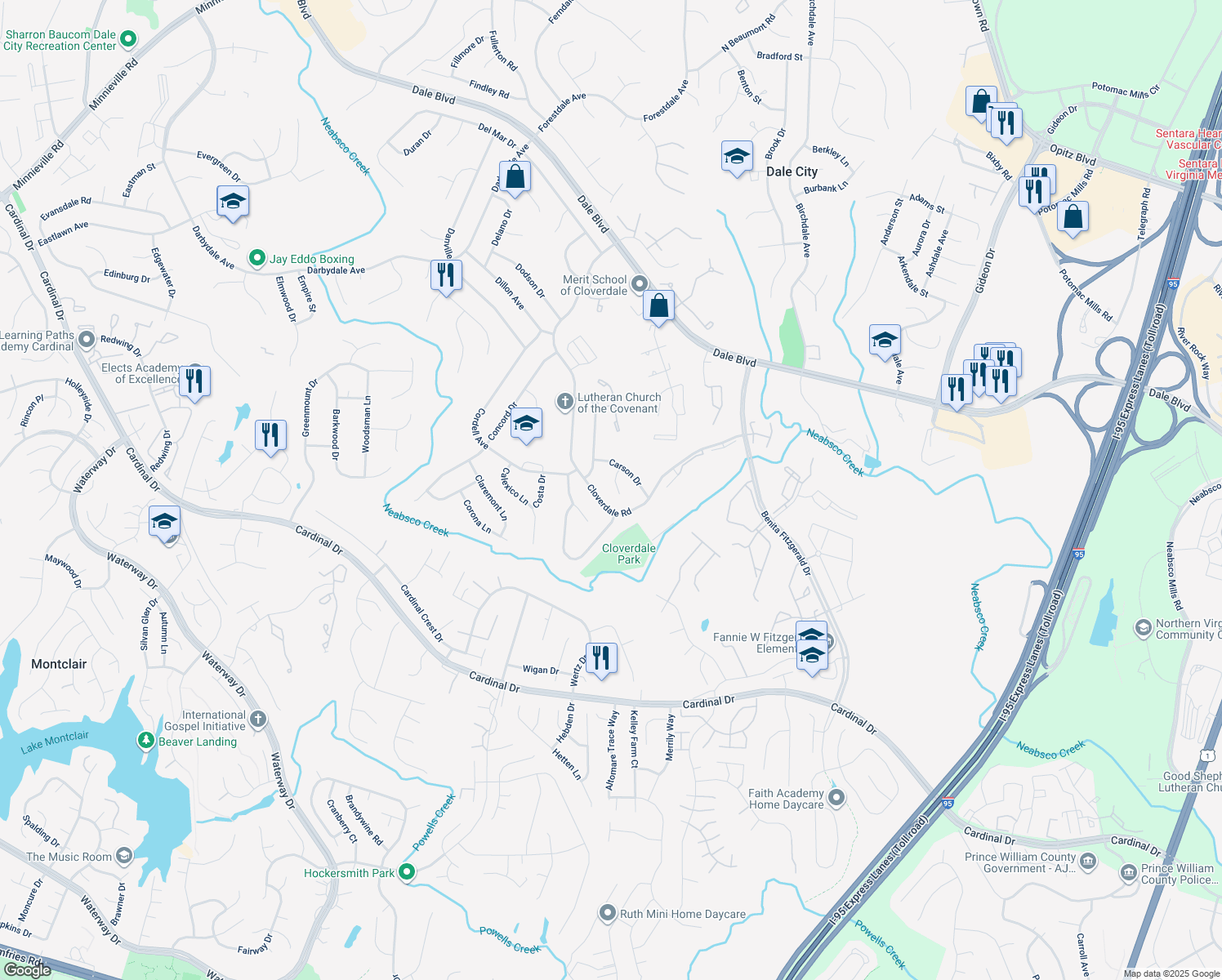 map of restaurants, bars, coffee shops, grocery stores, and more near 15108 Castle Court in Woodbridge