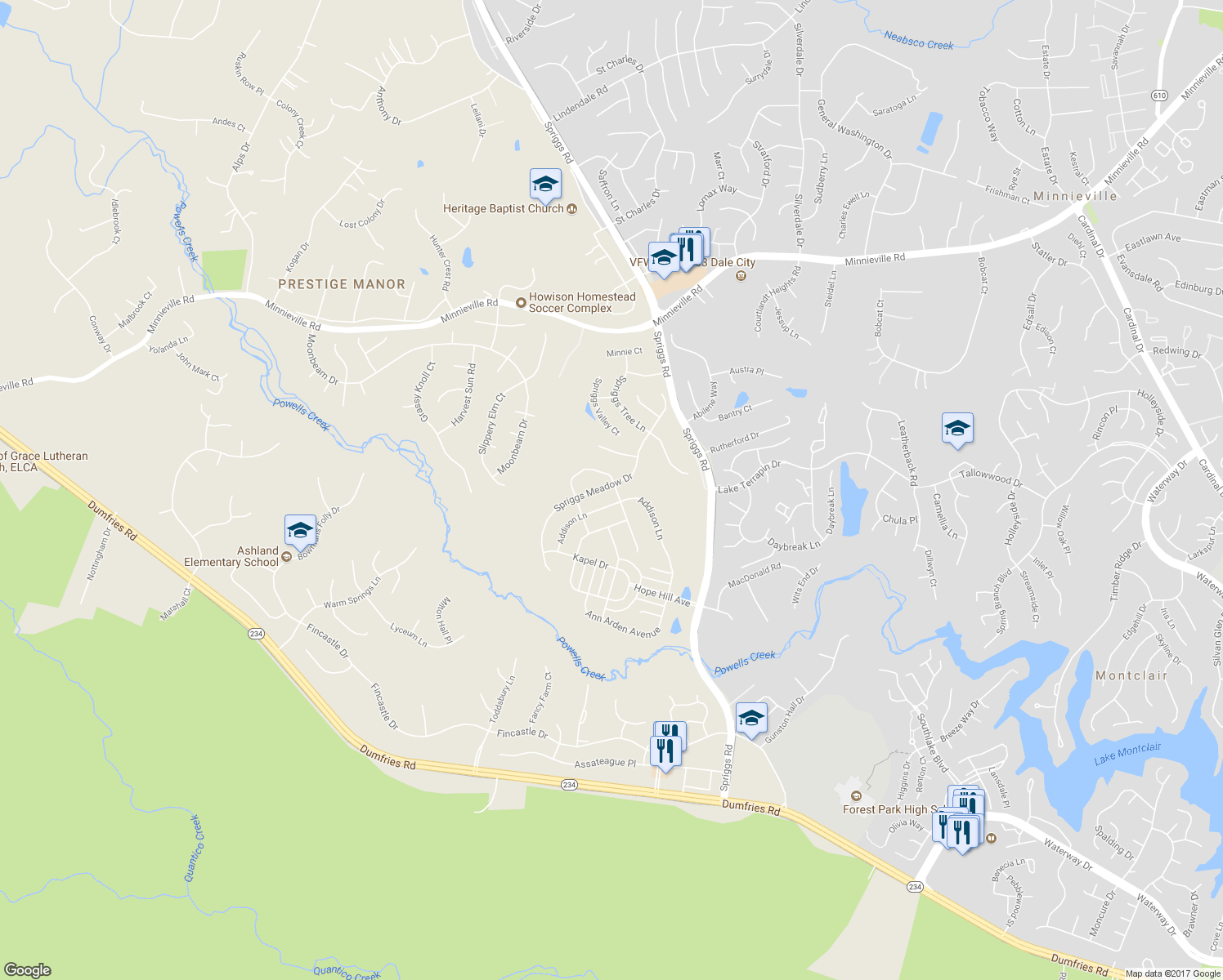map of restaurants, bars, coffee shops, grocery stores, and more near 5647 Spriggs Meadow Drive in Woodbridge