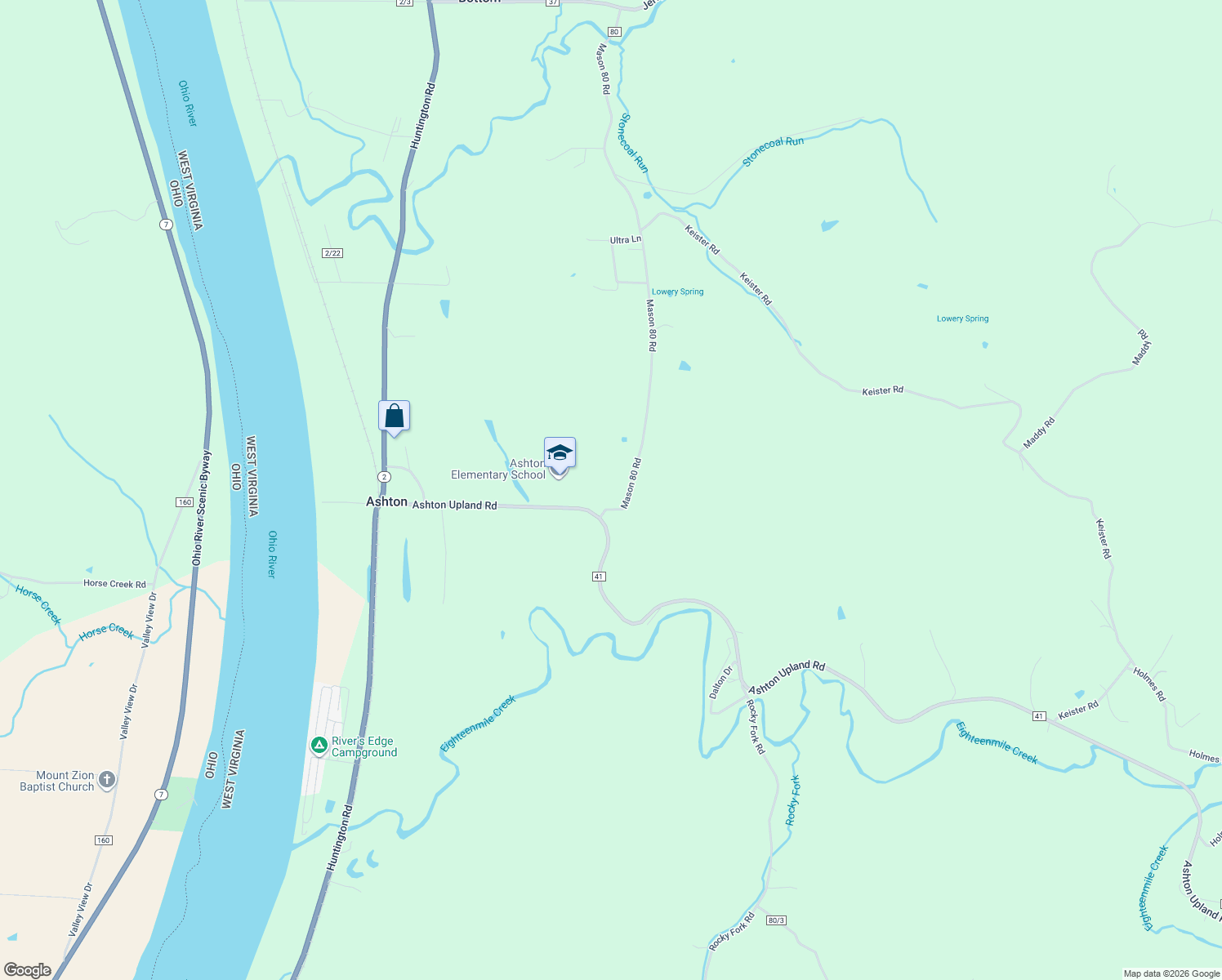 map of restaurants, bars, coffee shops, grocery stores, and more near 77 Mason 80 Road in Ashton