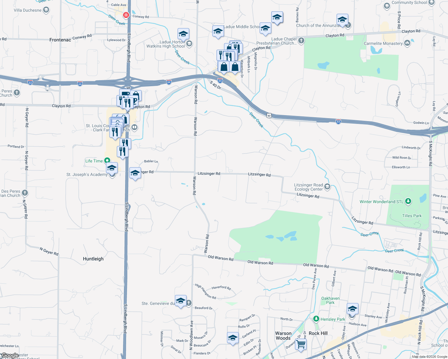 map of restaurants, bars, coffee shops, grocery stores, and more near 9930 Litzsinger Rd in St Louis