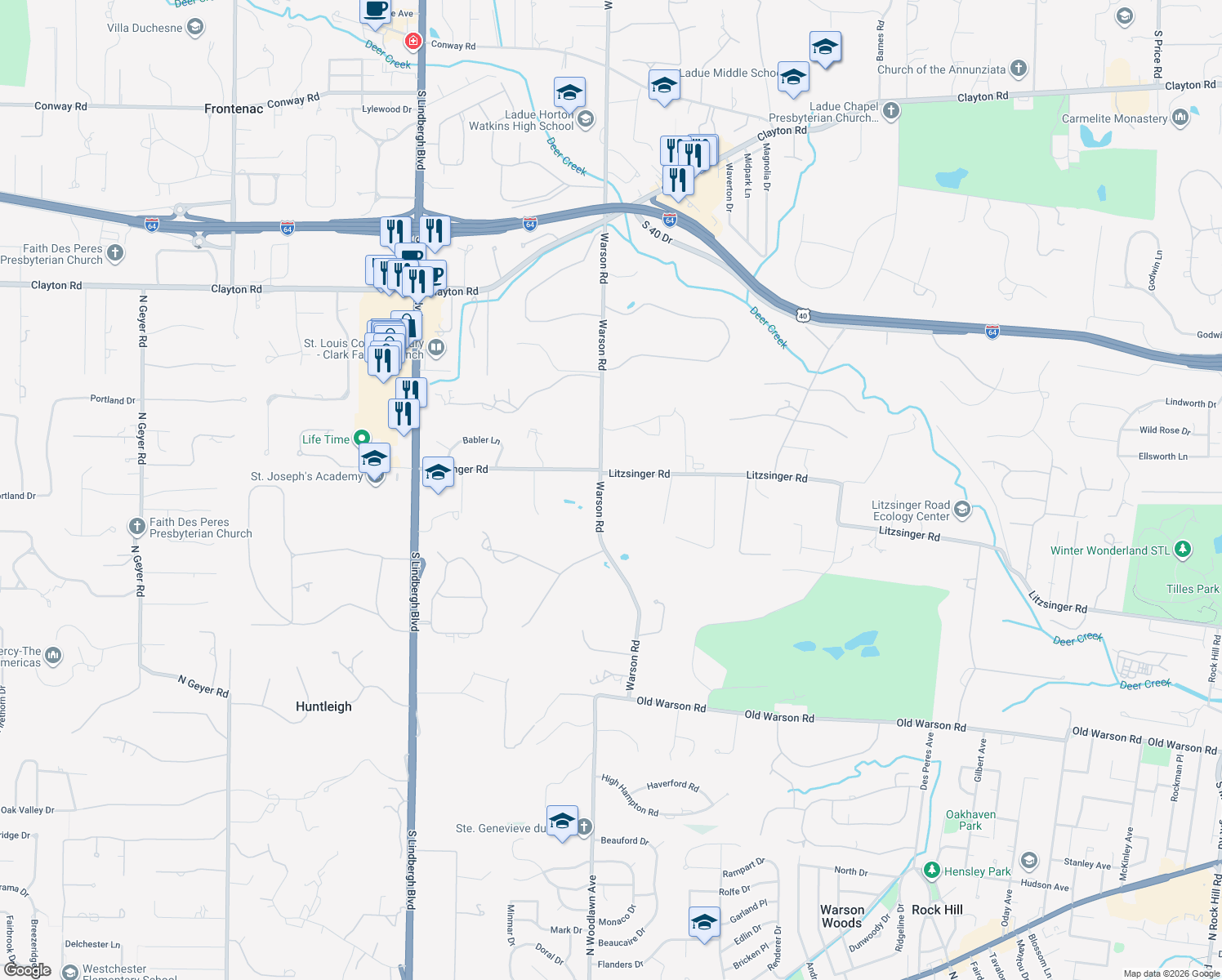 map of restaurants, bars, coffee shops, grocery stores, and more near 9998 Litzsinger Road in St. Louis