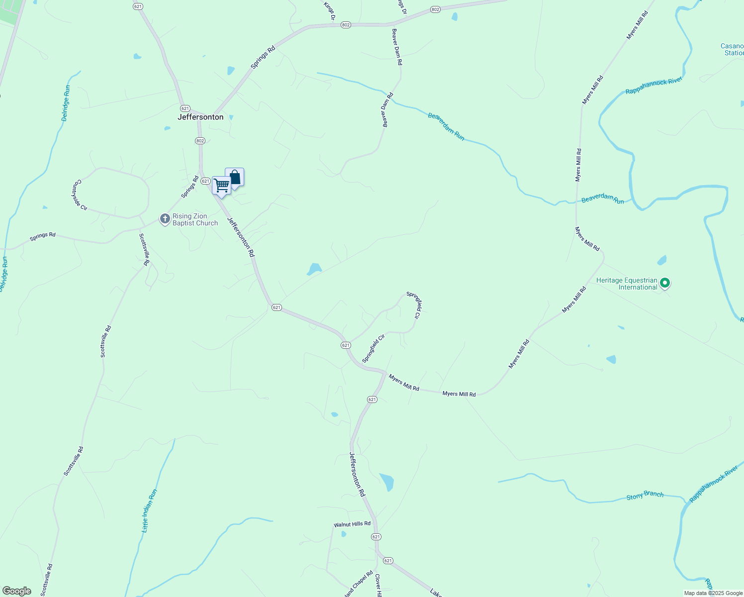 map of restaurants, bars, coffee shops, grocery stores, and more near 19221 Springfield Circle in Jeffersonton