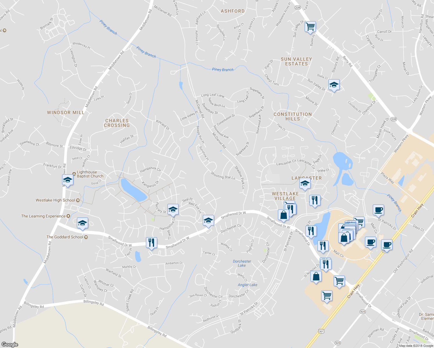 map of restaurants, bars, coffee shops, grocery stores, and more near 10588 Shooting Star Lane in Waldorf