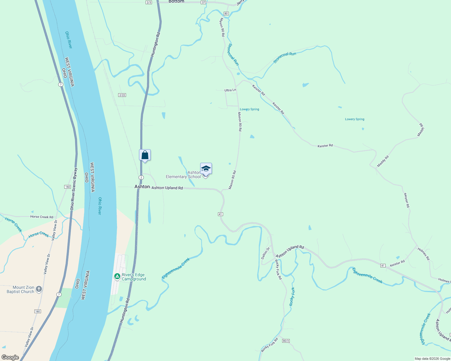 map of restaurants, bars, coffee shops, grocery stores, and more near 77 Mason 80 Road in Ashton