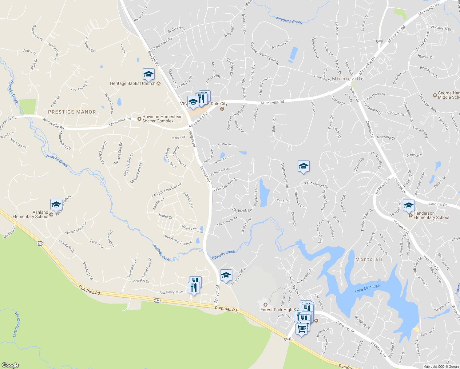 map of restaurants, bars, coffee shops, grocery stores, and more near 15110 Snapper Court in Woodbridge