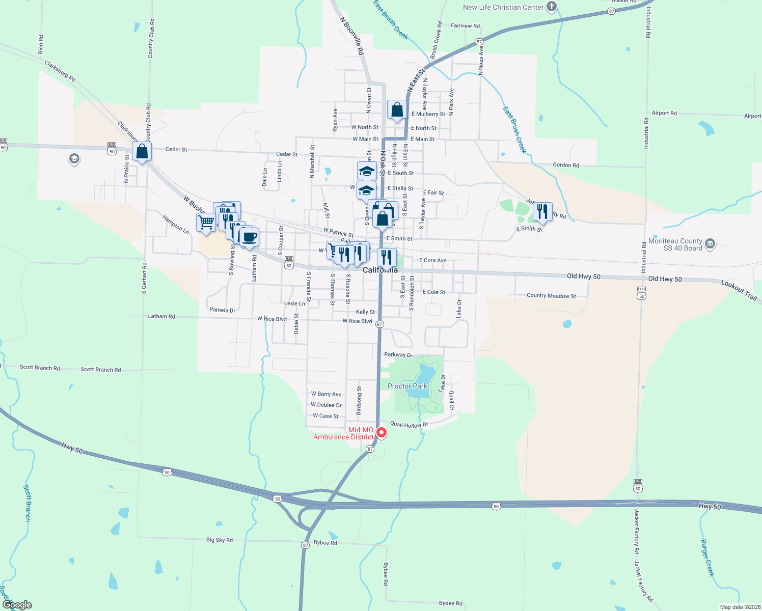 map of restaurants, bars, coffee shops, grocery stores, and more near 802 South Oak Street in California