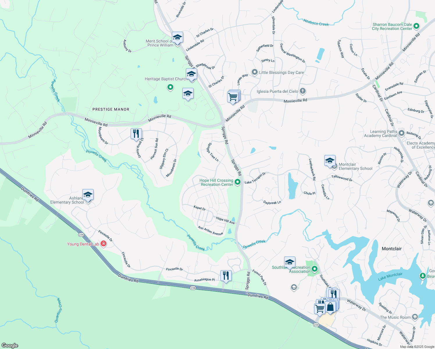 map of restaurants, bars, coffee shops, grocery stores, and more near 5611 Spriggs Meadow Drive in Woodbridge