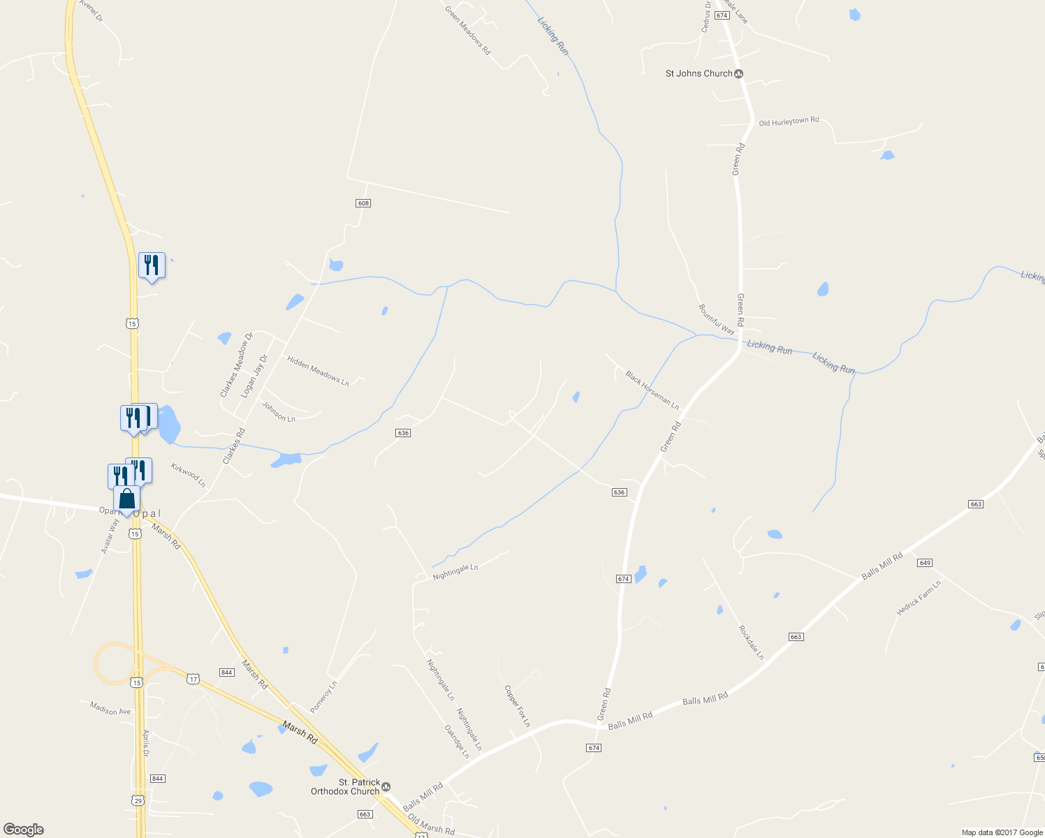 map of restaurants, bars, coffee shops, grocery stores, and more near 6408 Stoney Road in Midland