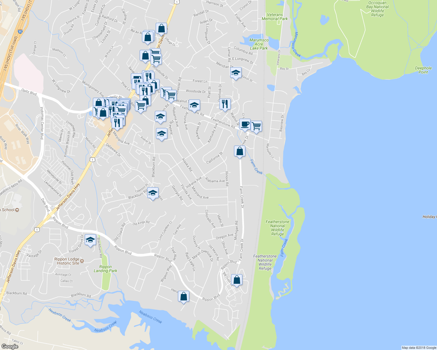map of restaurants, bars, coffee shops, grocery stores, and more near 1407 Illinois Court in Woodbridge