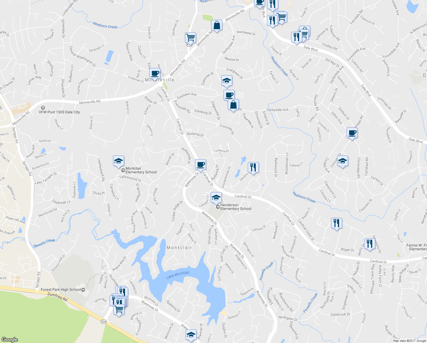 map of restaurants, bars, coffee shops, grocery stores, and more near 15075 Ardmore Loop in Woodbridge
