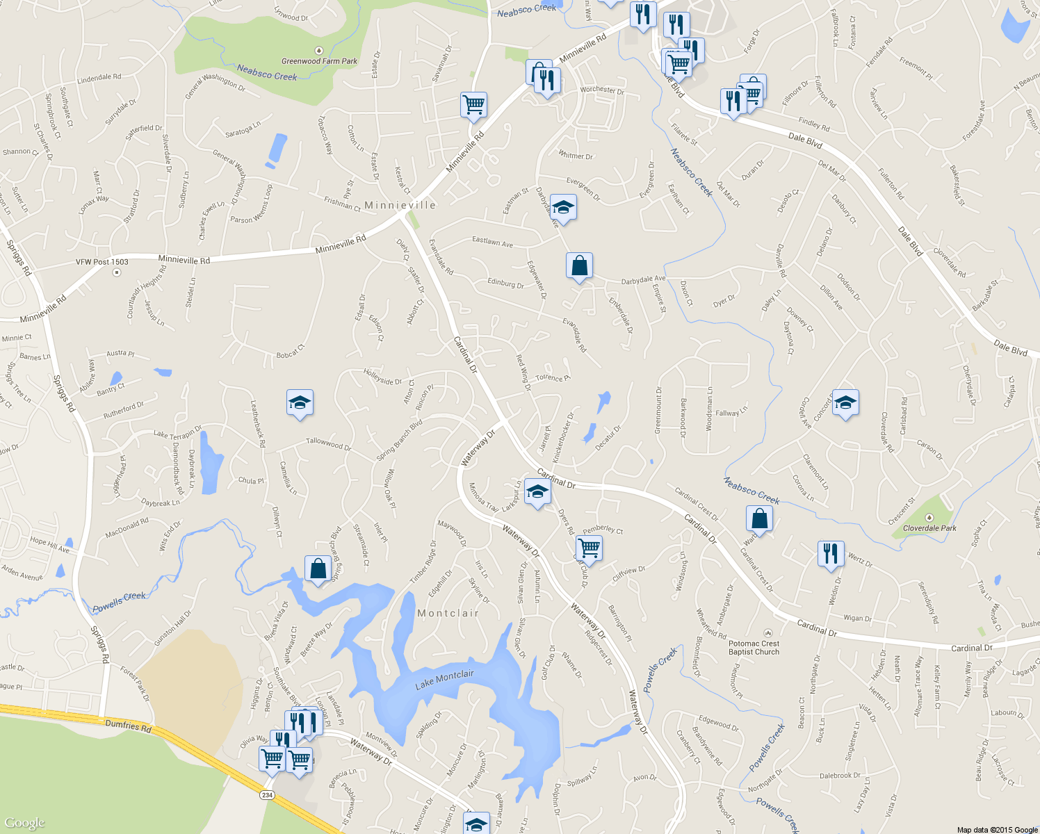 map of restaurants, bars, coffee shops, grocery stores, and more near 4513 Shotwell Court in Woodbridge