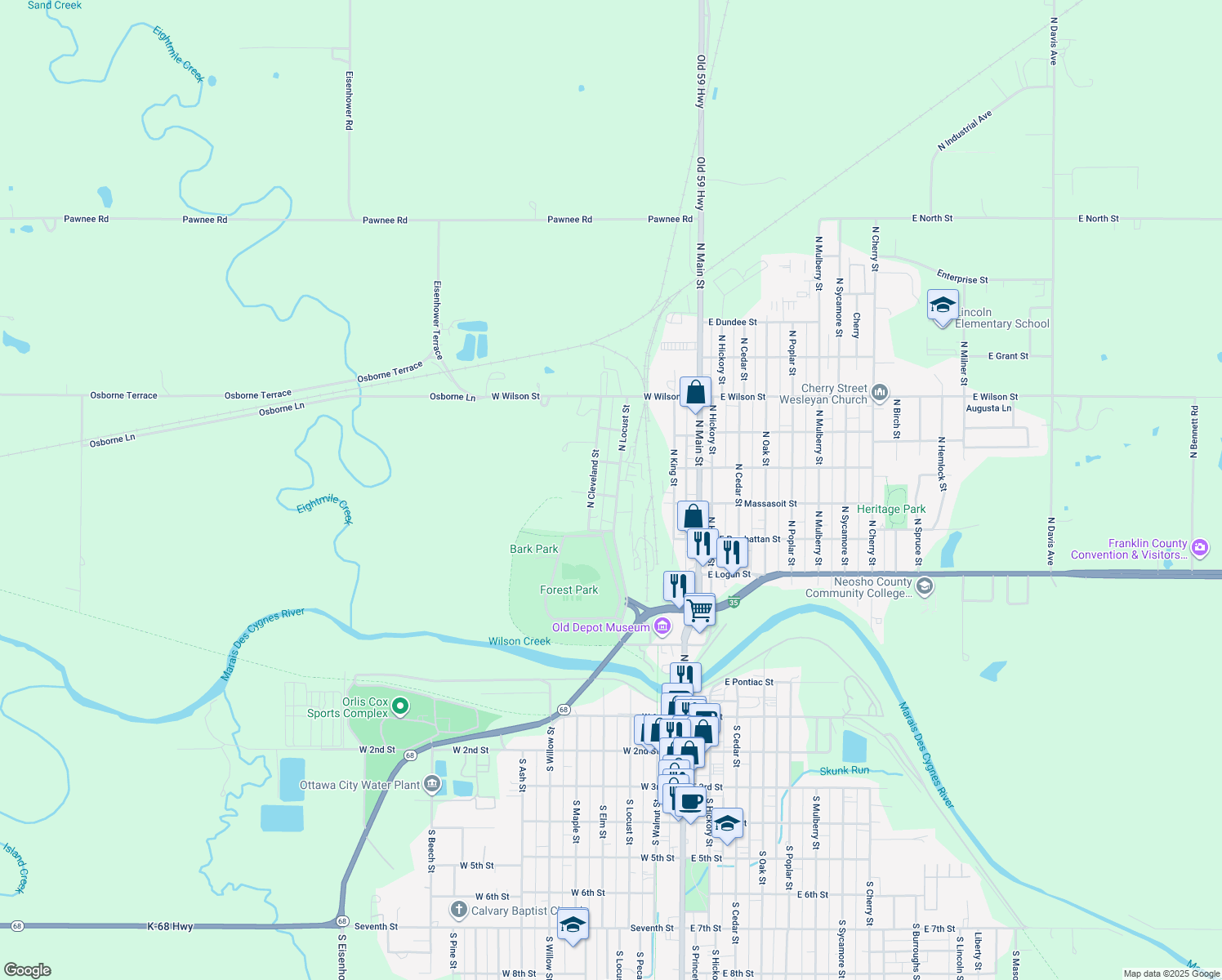 map of restaurants, bars, coffee shops, grocery stores, and more near 704 N Locust St in Ottawa