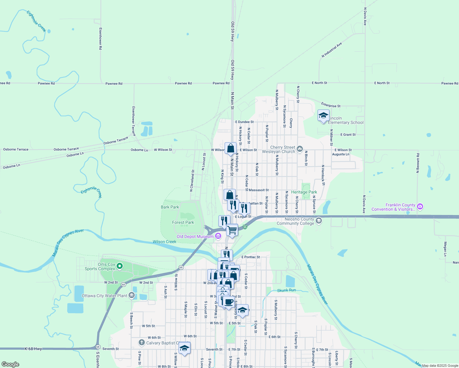 map of restaurants, bars, coffee shops, grocery stores, and more near 714 N Main St in Ottawa