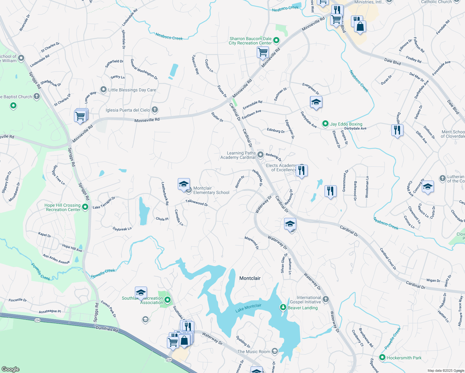 map of restaurants, bars, coffee shops, grocery stores, and more near 15021 Afton Court in Dumfries