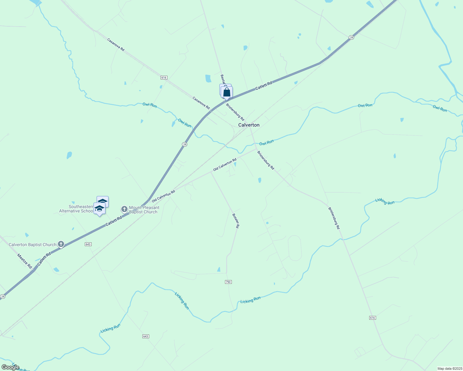 map of restaurants, bars, coffee shops, grocery stores, and more near 9753 Boteler Road in Midland