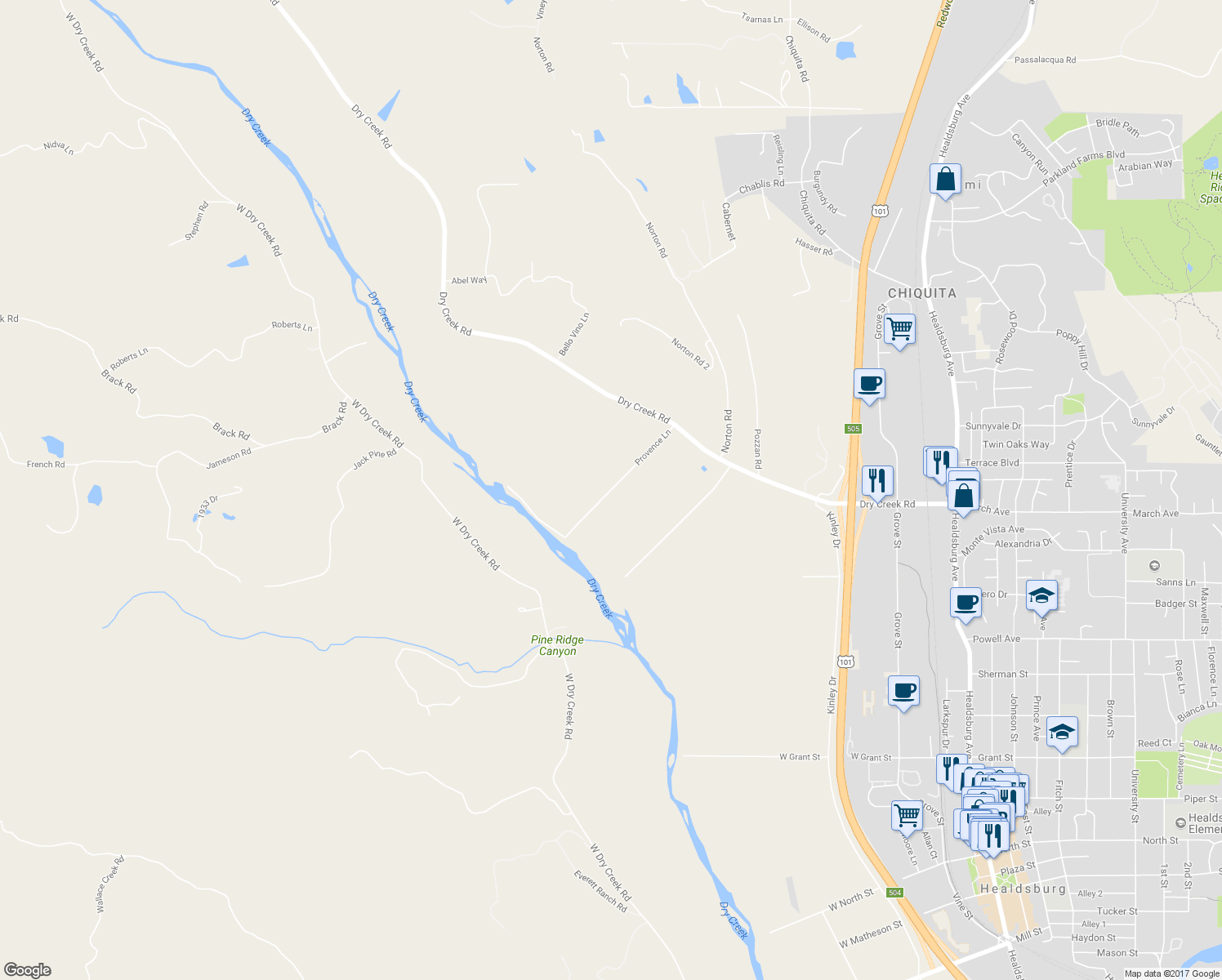 map of restaurants, bars, coffee shops, grocery stores, and more near Provence Lane in Healdsburg