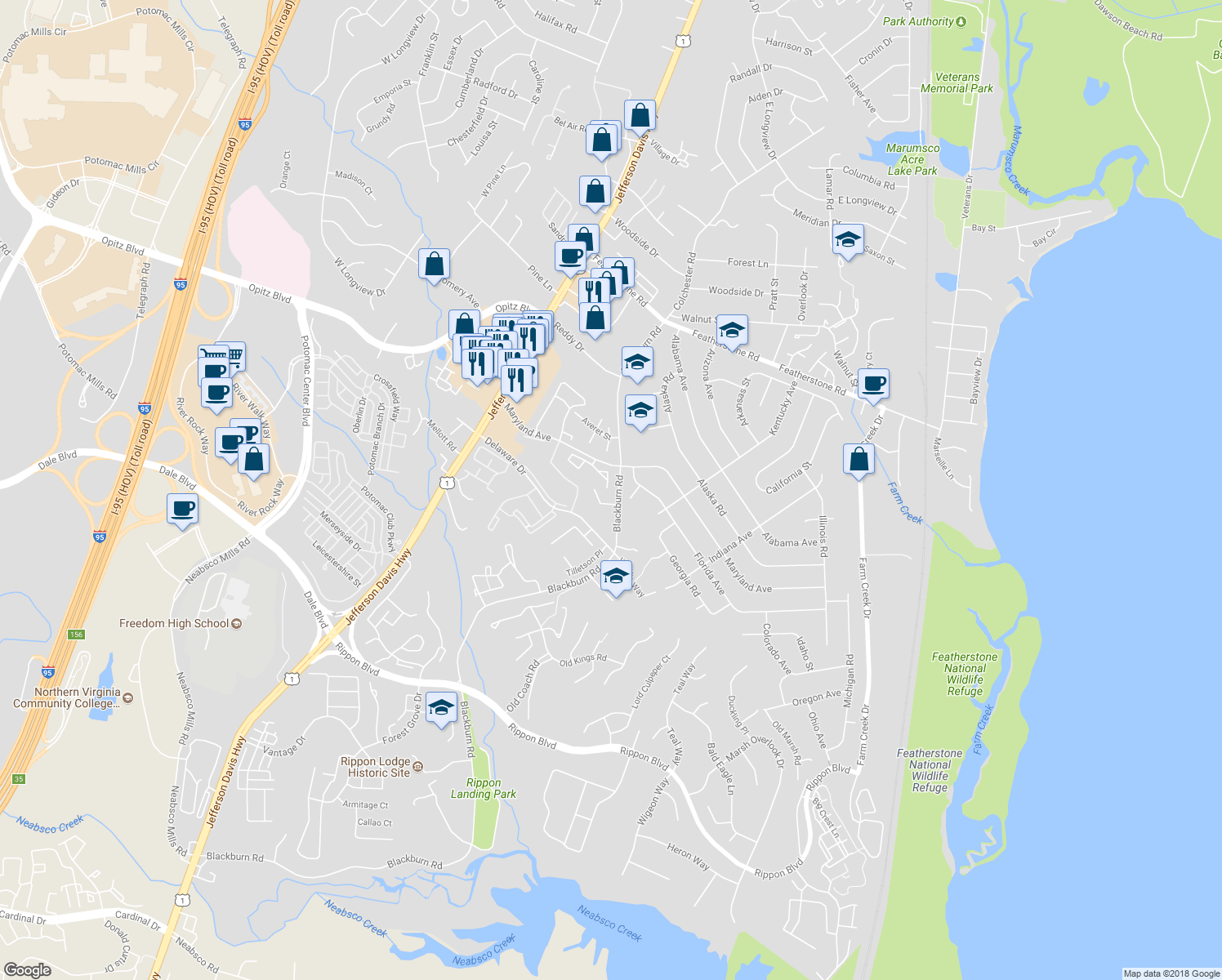 map of restaurants, bars, coffee shops, grocery stores, and more near 1842 Heather Glen Court in Woodbridge