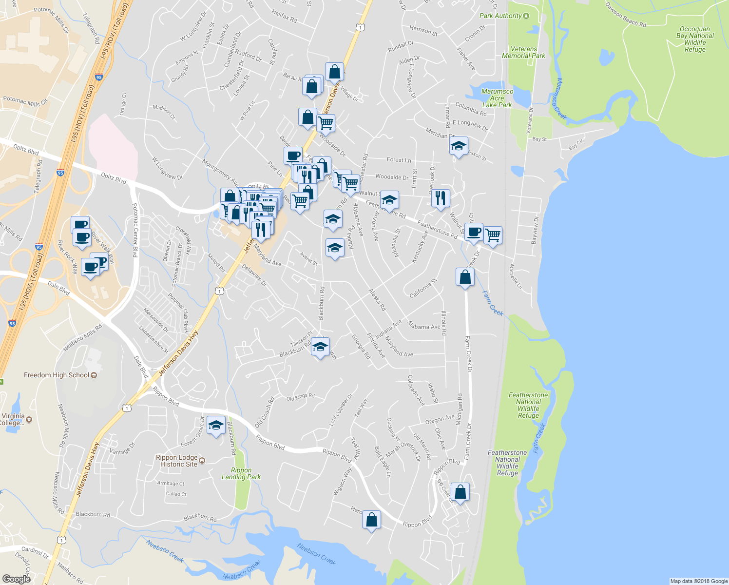 map of restaurants, bars, coffee shops, grocery stores, and more near 1602 Kentucky Avenue in Woodbridge