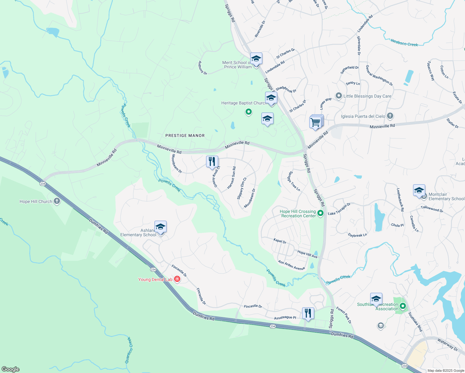 map of restaurants, bars, coffee shops, grocery stores, and more near 5931 Harvest Sun Road in Woodbridge