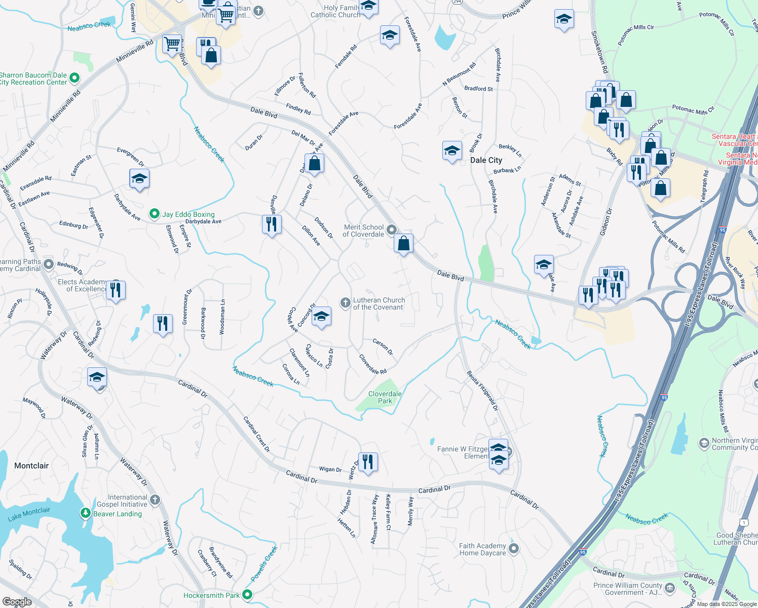 map of restaurants, bars, coffee shops, grocery stores, and more near 15071 Cardin Place in Woodbridge