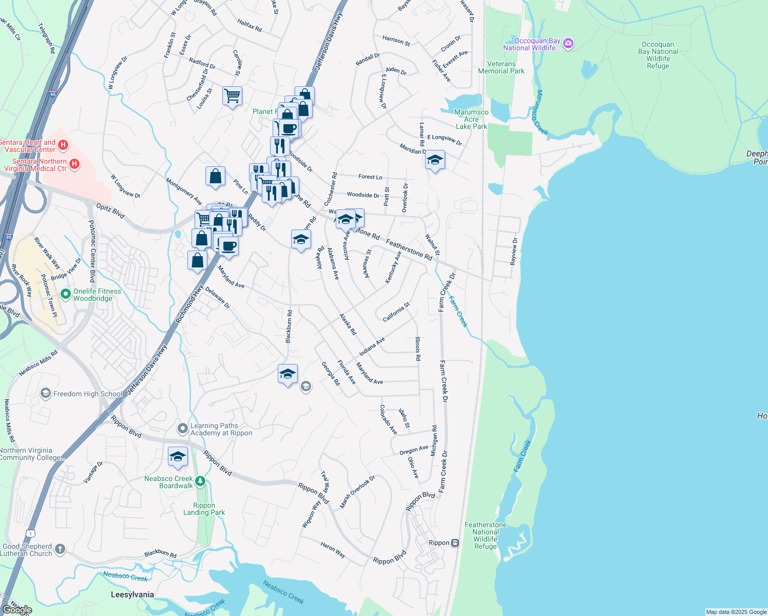 map of restaurants, bars, coffee shops, grocery stores, and more near 1437 California Street in Woodbridge