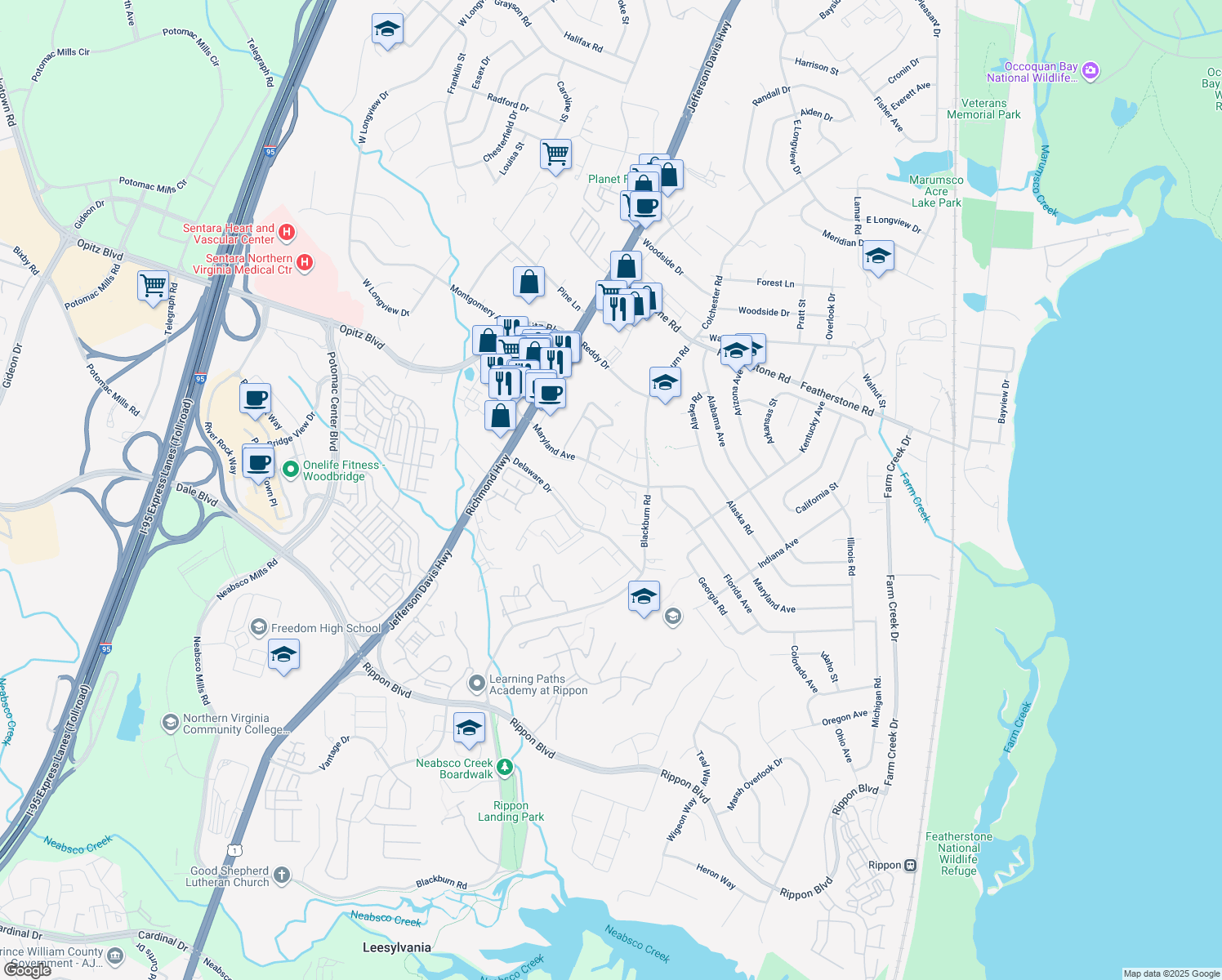 map of restaurants, bars, coffee shops, grocery stores, and more near 14928 Hyatt Pl in Woodbridge