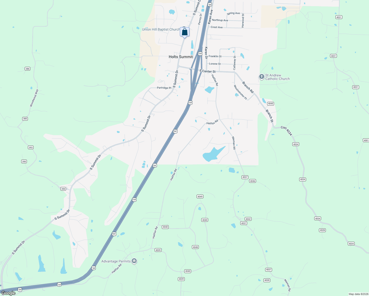 map of restaurants, bars, coffee shops, grocery stores, and more near County Road 4039 in Holts Summit