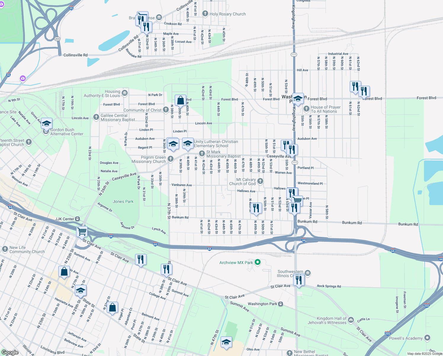 map of restaurants, bars, coffee shops, grocery stores, and more near 1426 N 44th St in East St Louis
