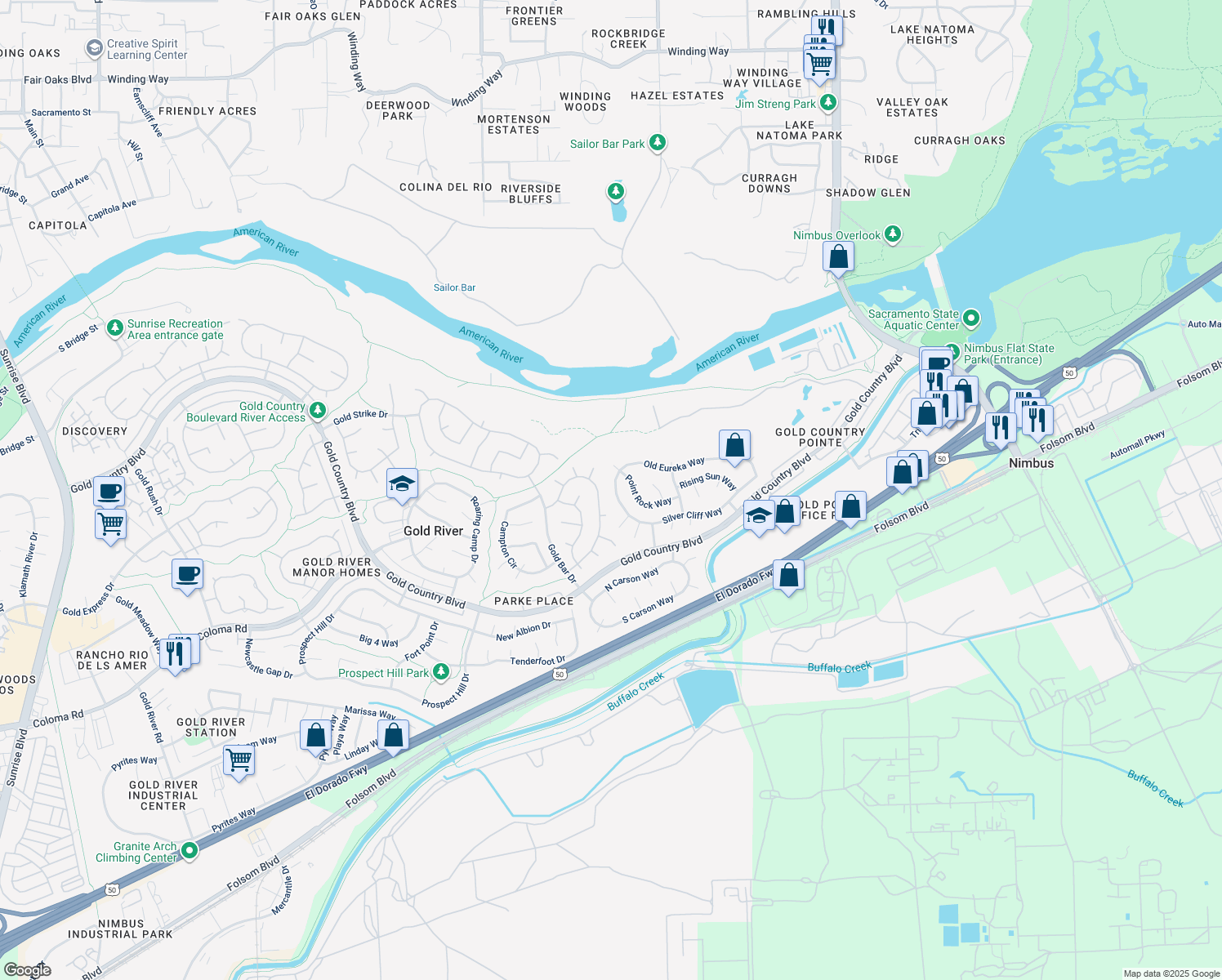 map of restaurants, bars, coffee shops, grocery stores, and more near 11741 Old Eureka Way in Gold River